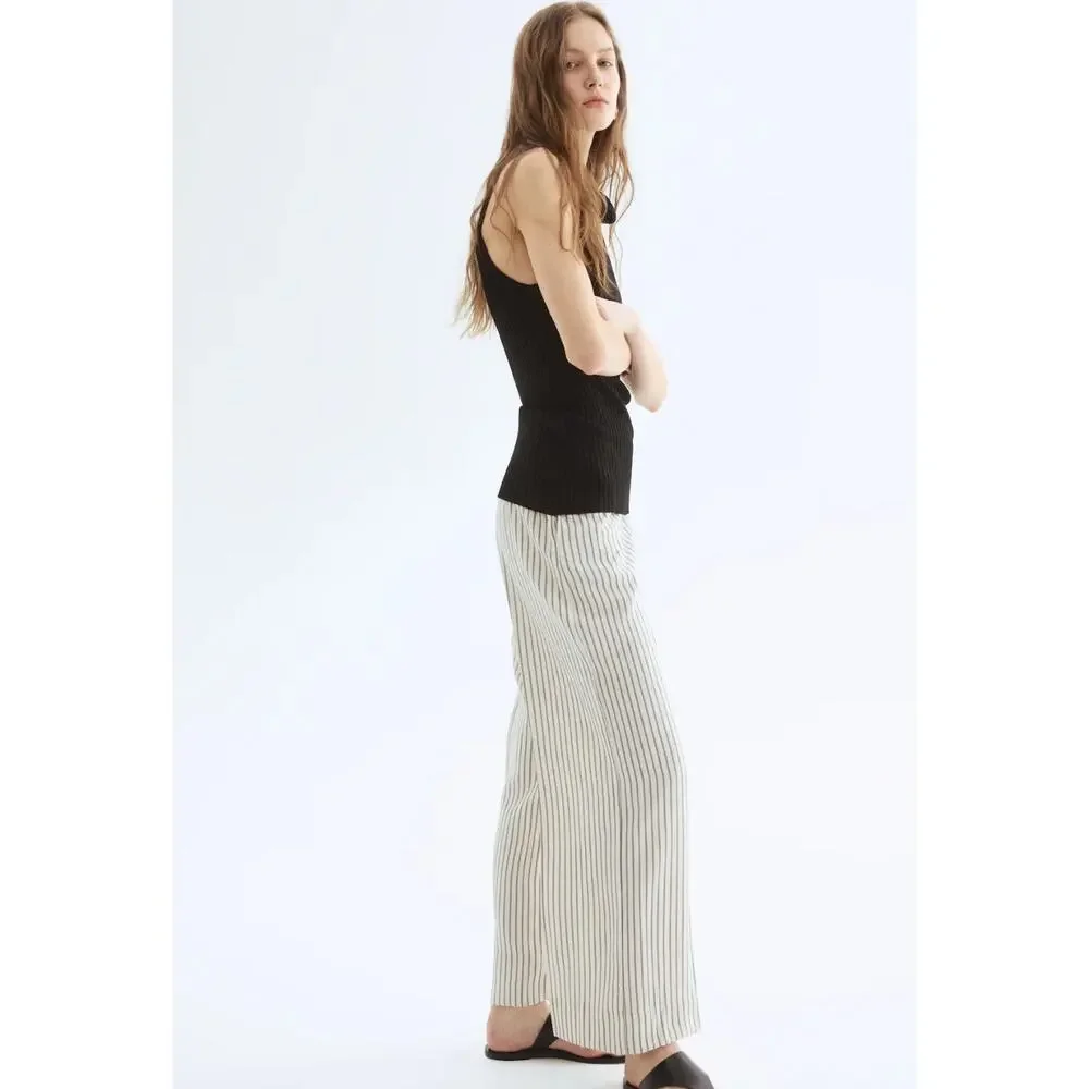 H&M Wide-Cut Pull-on Linen Pants In Taupe White Stripes Size XXL Pockets